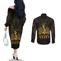 Haiti 1804 Couples Matching Off The Shoulder Long Sleeve Dress and Long Sleeve Button Shirt Polynesian Gold Neg Maron LT05 - Polynesian Pride