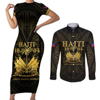 Haiti 1804 Couples Matching Short Sleeve Bodycon Dress and Long Sleeve Button Shirt Polynesian Gold Neg Maron LT05 Gold - Polynesian Pride
