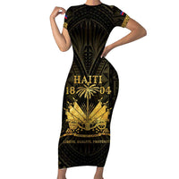Haiti 1804 Family Matching Short Sleeve Bodycon Dress and Hawaiian Shirt Polynesian Gold Neg Maron LT05 Mom's Dress Gold - Polynesian Pride