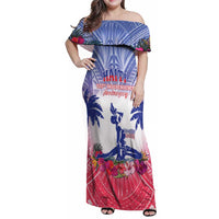 Personalised Haiti Independence Day Family Matching Off Shoulder Maxi Dress and Hawaiian Shirt Neg Maron Polynesian Style LT05 Mom's Dress Blue - Polynesian Pride