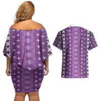 Purple Samoa Malu Tattoo Inspired Couples Matching Off Shoulder Short Dress and Hawaiian Shirt - Polynesian Pride