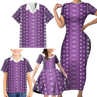 Purple Samoa Malu Tattoo Inspired Family Matching Short Sleeve Bodycon Dress and Hawaiian Shirt LT05 - Polynesian Pride