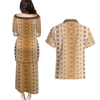 Beige Samoa Malu Tattoo Inspired Couples Matching Puletasi and Hawaiian Shirt - Polynesian Pride