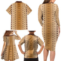 Beige Samoa Malu Tattoo Inspired Family Matching Long Sleeve Bodycon Dress and Hawaiian Shirt LT05 - Polynesian Pride
