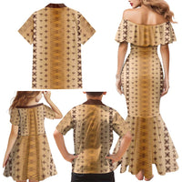Beige Samoa Malu Tattoo Inspired Family Matching Mermaid Dress and Hawaiian Shirt LT05 - Polynesian Pride