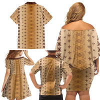 Beige Samoa Malu Tattoo Inspired Family Matching Off Shoulder Short Dress and Hawaiian Shirt LT05 - Polynesian Pride