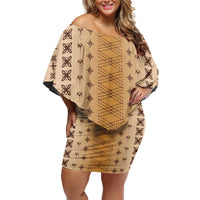 Beige Samoa Malu Tattoo Inspired Family Matching Off Shoulder Short Dress and Hawaiian Shirt LT05 Mom's Dress Beige - Polynesian Pride