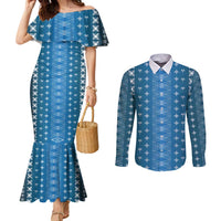 Blue Samoa Malu Tattoo Inspired Couples Matching Mermaid Dress and Long Sleeve Button Shirt - Polynesian Pride