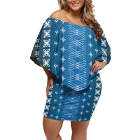 Blue Samoa Malu Tattoo Inspired Family Matching Off Shoulder Short Dress and Hawaiian Shirt LT05 Mom's Dress Blue - Polynesian Pride