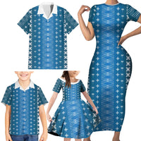 Blue Samoa Malu Tattoo Inspired Family Matching Short Sleeve Bodycon Dress and Hawaiian Shirt LT05 - Polynesian Pride