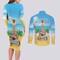 Hawaiian Ukulele Couples Matching Long Sleeve Bodycon Dress and Long Sleeve Button Shirt Sound Of Happiness LT05 - Polynesian Pride