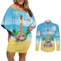 Hawaiian Ukulele Couples Matching Off Shoulder Short Dress and Long Sleeve Button Shirt Sound Of Happiness LT05 Colorful - Polynesian Pride