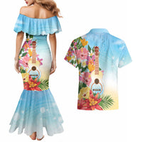 National Ukulele Day Couples Matching Mermaid Dress and Hawaiian Shirt Tropical Vibe