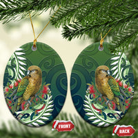 New Zealand Kea Bird Ceramic Ornament With Maori Koru Fern LT05 Oval Green - Polynesian Pride