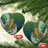 New Zealand Kea Bird Ceramic Ornament With Maori Koru Fern LT05 Heart Green - Polynesian Pride