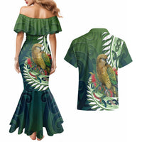 New Zealand Kea Bird Couples Matching Mermaid Dress and Hawaiian Shirt With Maori Koru Fern LT05 - Polynesian Pride
