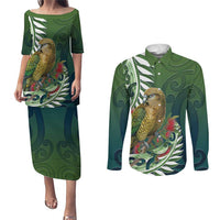 New Zealand Kea Bird Couples Matching Puletasi and Long Sleeve Button Shirt With Maori Koru Fern LT05 Green - Polynesian Pride