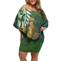 New Zealand Kea Bird Family Matching Off Shoulder Short Dress and Hawaiian Shirt With Maori Koru Fern LT05 Mom's Dress Green - Polynesian Pride