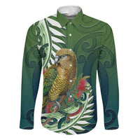 New Zealand Kea Bird Family Matching Puletasi and Hawaiian Shirt With Maori Koru Fern LT05 Dad's Shirt - Long Sleeve Green - Polynesian Pride