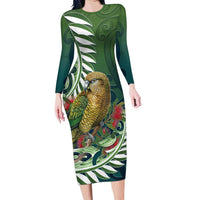 New Zealand Kea Bird Long Sleeve Bodycon Dress With Maori Koru Fern LT05 Long Dress Green - Polynesian Pride