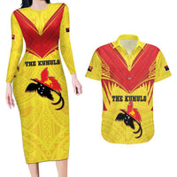 Papua New Guinea Rugby Custom Couples Matching Long Sleeve Bodycon Dress and Hawaiian Shirt Kumuls Heritage LT05 Yellow - Polynesian Pride
