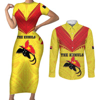 Papua New Guinea Rugby Custom Couples Matching Short Sleeve Bodycon Dress and Long Sleeve Button Shirt Kumuls Heritage LT05 Yellow - Polynesian Pride