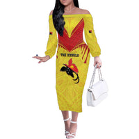 Papua New Guinea Rugby Custom Family Matching Off The Shoulder Long Sleeve Dress and Hawaiian Shirt Kumuls Heritage LT05 Mom's Dress Yellow - Polynesian Pride