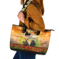Australia And New Zealand ANZAC Day Leather Tote Bag Kangaroo And Kiwi Bird Soldiers Lest We Forget LT05 Yellow - Polynesian Pride