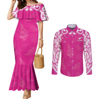 New Zealand Fern Women Rugby Custom Couples Matching Mermaid Dress and Long Sleeve Button Shirt Pink Maori Pattern LT05 Pink - Polynesian Pride