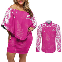 New Zealand Fern Women Rugby Custom Couples Matching Off Shoulder Short Dress and Long Sleeve Button Shirt Pink Maori Pattern LT05 Pink - Polynesian Pride