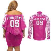 New Zealand Fern Women Rugby Custom Couples Matching Off Shoulder Short Dress and Long Sleeve Button Shirt Pink Maori Pattern LT05 - Polynesian Pride