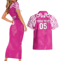 New Zealand Fern Women Rugby Custom Couples Matching Short Sleeve Bodycon Dress and Hawaiian Shirt Pink Maori Pattern LT05 - Polynesian Pride