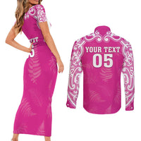 New Zealand Fern Women Rugby Custom Couples Matching Short Sleeve Bodycon Dress and Long Sleeve Button Shirt Pink Maori Pattern LT05 - Polynesian Pride