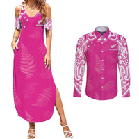 New Zealand Fern Women Rugby Custom Couples Matching Summer Maxi Dress and Long Sleeve Button Shirt Pink Maori Pattern LT05 Pink - Polynesian Pride
