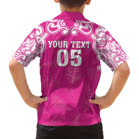 New Zealand Fern Women Rugby Custom Family Matching Off The Shoulder Long Sleeve Dress and Hawaiian Shirt Pink Maori Pattern LT05 - Polynesian Pride