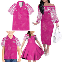 New Zealand Fern Women Rugby Custom Family Matching Off The Shoulder Long Sleeve Dress and Hawaiian Shirt Pink Maori Pattern LT05 - Polynesian Pride