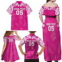 New Zealand Fern Women Rugby Custom Family Matching Off Shoulder Maxi Dress and Hawaiian Shirt Pink Maori Pattern LT05 - Polynesian Pride