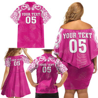 New Zealand Fern Women Rugby Custom Family Matching Off Shoulder Short Dress and Hawaiian Shirt Pink Maori Pattern LT05 - Polynesian Pride