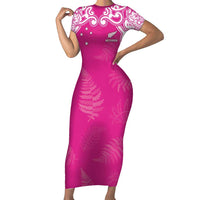New Zealand Fern Women Rugby Custom Family Matching Short Sleeve Bodycon Dress and Hawaiian Shirt Pink Maori Pattern LT05 Mom's Dress Pink - Polynesian Pride
