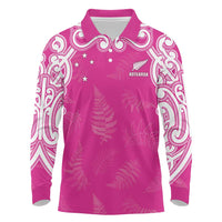 New Zealand Fern Women Rugby Custom Long Sleeve Polo Shirt Pink Maori Pattern LT05 Pink - Polynesian Pride