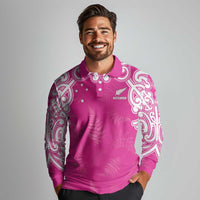 New Zealand Fern Women Rugby Custom Long Sleeve Polo Shirt Pink Maori Pattern LT05 - Polynesian Pride