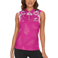 New Zealand Fern Women Rugby Custom Women Sleeveless Polo Shirt Pink Maori Pattern LT05 - Polynesian Pride