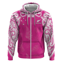 New Zealand Fern Women Rugby Custom Zip Hoodie Pink Maori Pattern LT05 Zip Hoodie Pink - Polynesian Pride