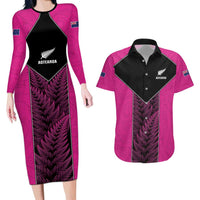 New Zealand Fern Rugby Custom Couples Matching Long Sleeve Bodycon Dress and Hawaiian Shirt Pink Maori Pattern LT05 Pink - Polynesian Pride
