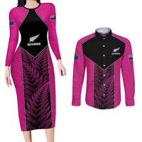 New Zealand Fern Rugby Custom Couples Matching Long Sleeve Bodycon Dress and Long Sleeve Button Shirt Pink Maori Pattern LT05 Pink - Polynesian Pride