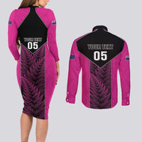 New Zealand Fern Rugby Custom Couples Matching Long Sleeve Bodycon Dress and Long Sleeve Button Shirt Pink Maori Pattern LT05 - Polynesian Pride