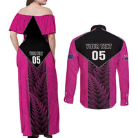 New Zealand Fern Rugby Custom Couples Matching Off Shoulder Maxi Dress and Long Sleeve Button Shirt Pink Maori Pattern LT05 - Polynesian Pride