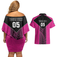 New Zealand Fern Rugby Custom Couples Matching Off Shoulder Short Dress and Hawaiian Shirt Pink Maori Pattern LT05 - Polynesian Pride