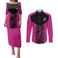 New Zealand Fern Rugby Custom Couples Matching Puletasi and Long Sleeve Button Shirt Pink Maori Pattern LT05 Pink - Polynesian Pride