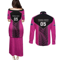 New Zealand Fern Rugby Custom Couples Matching Puletasi and Long Sleeve Button Shirt Pink Maori Pattern LT05 - Polynesian Pride